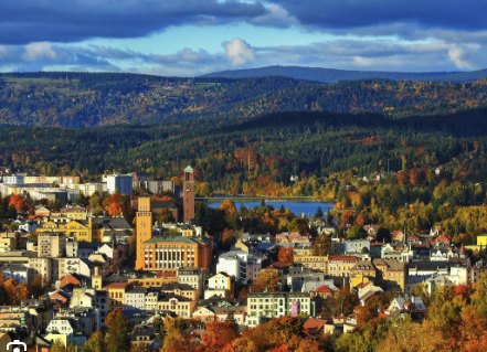 Jablonec in autumn, rooftops, reservoir and hills