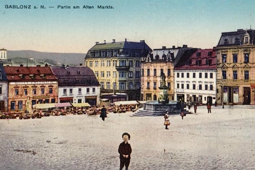Old postcard of the market square in Jablonec