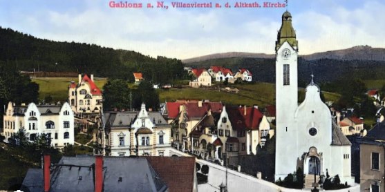 Old postcard of the villa quarter and church in Jablonec